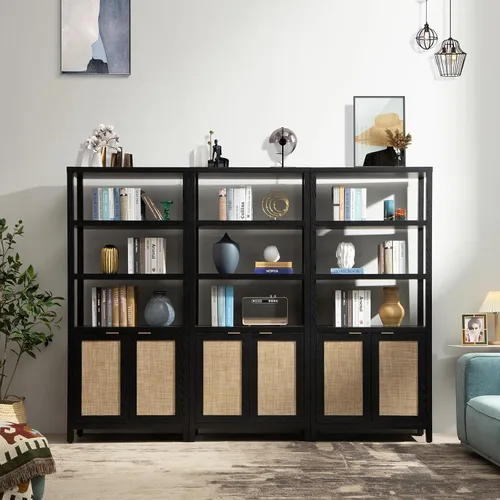 Miniatura 9 de Estantería SICOTAS de 5 niveles, estante de libros de ratán estilo bohemio de 71" de altura con puertas, estantes de almacenamiento, estanterías