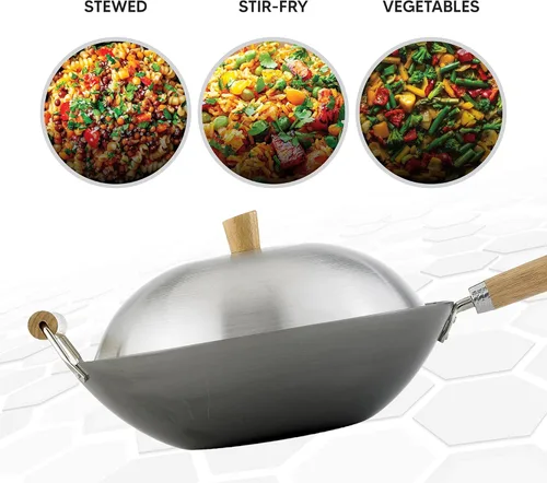 Miniatura 5 de Juego de Wok de Helen's Asian Kitchen - Sartén Wok con Tapa, Wok de Acero al Carbono de 13.5 Pulgadas - Wok Antiadherente de Fondo Plano