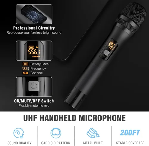 Miniatura 2 de Sistema de micrófono inalámbrico, micrófonos inalámbricos sin cable duales UHF de metal, micrófono de mano, juego de micrófono inalámbrico