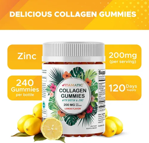 Miniatura 4 de Vitamatic Gomitas de colágeno hidrolizado con vitamina C, zinc y biotina, 200 mg - Apoyo para la piel saludable - 240 gomitas