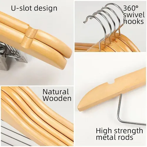Miniatura 3 de Paquete de 10 perchas de madera con clips, perchas de madera de alta calidad para trajes, perchas para faldas con clips, colgador de madera S con 10