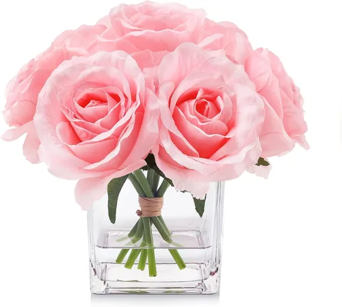7 rosas artificiales de tallo grande en jarrón, rosa falsa con flores falsas en jarrón para decoración del hogar, mesa de boda (rosa)