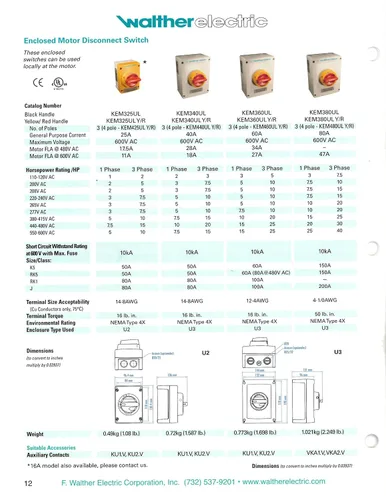 Miniatura 5 de Walther Electric KEM360UL Y/R - Interruptor de desconexión de motor cerrado – 3 polos, 60 A, 600 V, IP65 Nema 4X resistente al agua – OSHA Loto