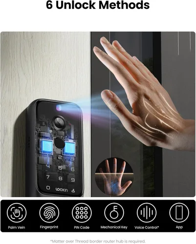 Miniatura 6 de Lockin Veno Plus - Cerradura inteligente todo en uno para puerta delantera - Entrada sin llave de vena de palma y huellas dactilares - Cámara ultra