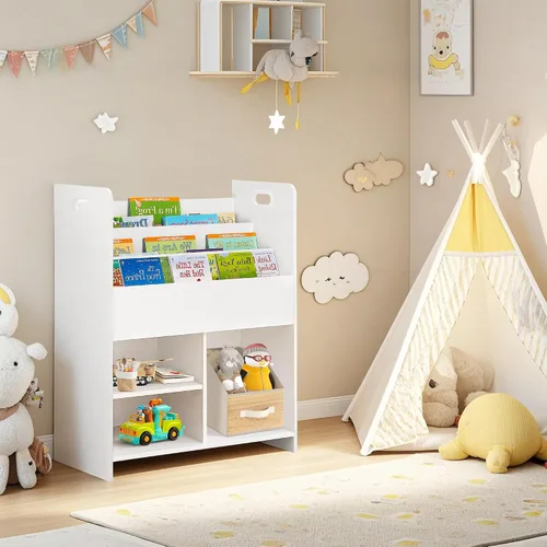 Miniatura 2 de VECELO Estantería para niños, 2 en 1 con estantes y 3 cubos de diferentes tamaños, organizador de madera para almacenamiento de juguetes para Blanco