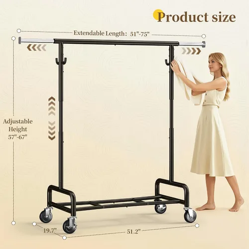 Miniatura 9 de Raybee Perchero resistente de 75 pulgadas de ancho, 450 libras, almacenamiento de ropa de metal con estante, ruedas con bloqueo y tapones