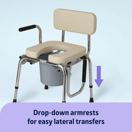 Miniatura 3 de Medline Cómoda de brazo abatible con asiento y respaldo acolchados, silla de inodoro duradera para adultos y personas mayores, cubo removible