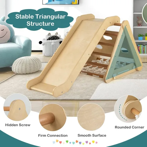 Miniatura 4 de Costzon Juguete de escalada 4 en 1 para niños pequeños, trepador de triángulo de madera Montessori de 3 lados con rampa deslizante, red de escalada