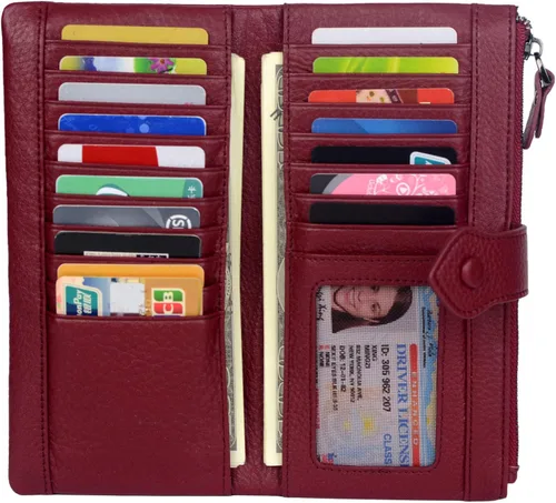 Miniatura 7 de Bveyzi - Cartera de cuero suave para mujer con bloqueo RFID, billetera plegable con doble cierre, porta-tarjetas para damas Soft, RFID Blocking