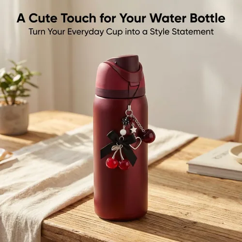 Miniatura 6 de Botella de agua de cereza negra para Owala de 16 onzas, 19 onzas, 24 onzas, 32 onzas, 40 onzas, cereza roja negra con bonitas cerezas y colgante