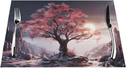 Miniatura 7 de 6 PCS PVC Placemats Set Place Mats Big Tree Growing on Pile of Stones Non-Slip Weave Place Mats 12" x 18" Farmhouse Table Mat Set for Family Dinners