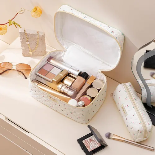 Miniatura 2 de HBselect Bolsa de Maquillaje Acolchada, 3 Piezas de Gran Bolsa de Maquillaje de Viaje de Algodón, Linda Bolsa de Maquillaje Floral Coquette, Bolsa