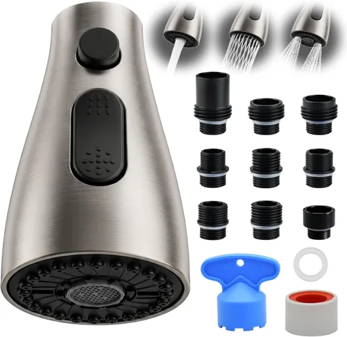 Cabezal de repuesto para grifo de cocina, cabezal rociador desplegable de 3 funciones con 9 adaptadores, cabezal rociador de grifo de fregadero