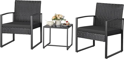 Greesum Juego de 3 piezas de mimbre para conversación de bistró, juego de muebles modernos de ratán con mesa auxiliar para patio, jardín, porche,