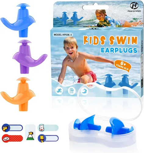Hearprotek - Tapones para los oídos de natación, 3 pares de tapones para los oídos suaves, impermeables y reutilizables para nadar, ducharse, Niños