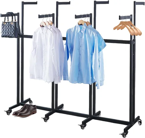Miniatura 10 de Perchero de pie de metal para ropa - Estantes de exhibición resistentes para uso comercial con ruedas, perchero de ropa de 6 brazos, perchas