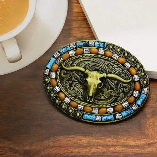 Miniatura 27 de RechicGu Hebilla de cinturón ovalada de calavera de toro de cuerno largo, cuentas de madera turquesa nativa americana, hebillas de vaquero