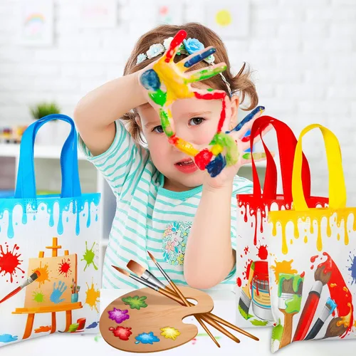 Miniatura 6 de Sweetude 24 bolsas de regalo para fiestas artísticas, bolsas de regalo de pintura no tejida con asas, decoraciones de fiesta de salpicaduras