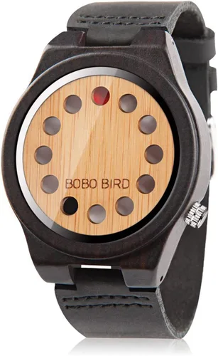 BOBO BIRD Reloj de madera de bambú para hombre con correa de cuero de vaca negra, 12 agujeros, diseño temporizador, relojes deportivos casuales