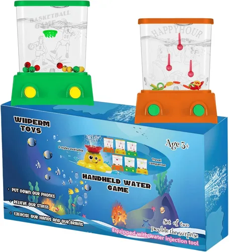 2 piezas de juegos de mano de agua para niños, lanzamiento de anillos de peces y baloncesto, retro, mini juguete naranja, juego de mano para lanzar