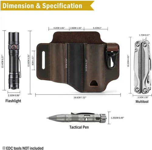 Miniatura 5 de VIPERADE PJ29 Funda multiherramienta para cinturón, organizador de bolsillo EDC de cuero para hombres, funda de cuero EDC, linterna y funda Marrón
