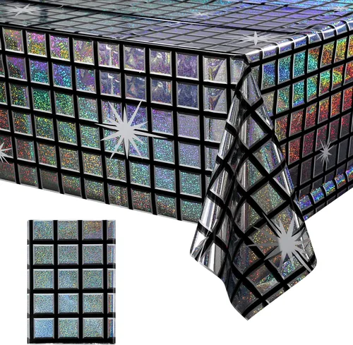 Miniatura 18 de Paquete de 8 manteles de plástico iridiscente brillantes desechables láser rectangulares, cubiertas de mesa de papel holográfico iridiscente, Rosa