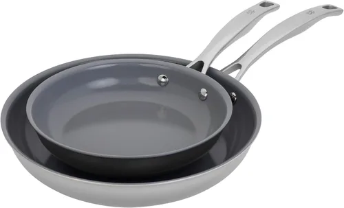HENCKELS Clad H3 - Juego de sartenes antiadherentes de cerámica de acero inoxidable de 8 y 10 pulgadas