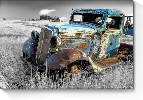 Miniatura 7 de SunFlax Arte de Lienzo de Pared de Carro Oxidado: Obra de Arte de Camión Azul Viejo Cuadro Rústico de Automóvil Pintura Vintage de Campo Antigua