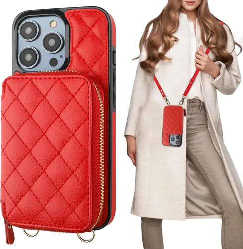 Miniatura 9 de Bocasal Funda tipo cartera cruzada para iPhone 14 Pro, bloqueo RFID, de piel sintética, con cremallera, funda tipo cartera con función atril y Gris