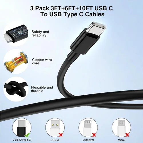 Miniatura 4 de Hzevn Bloque de cargador de pared rápida USB C de 60 W para teléfonos Galaxy S26 Android, paquete de 3 adaptadores de cargador súper rápido