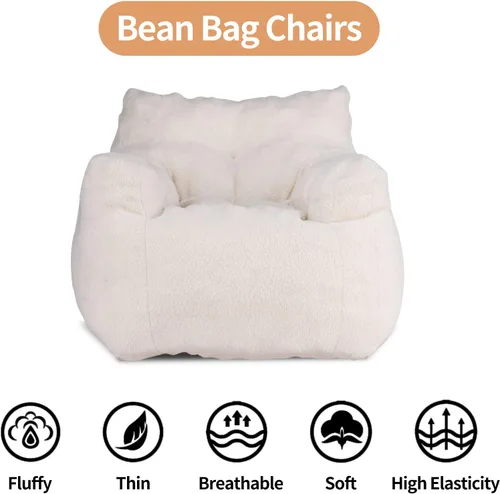 Miniatura 5 de Puf de espuma suave copetuda con tela de peluche para adultos y niños, cómodo sofá perezoso para sala de estar, dormitorio (marfil)
