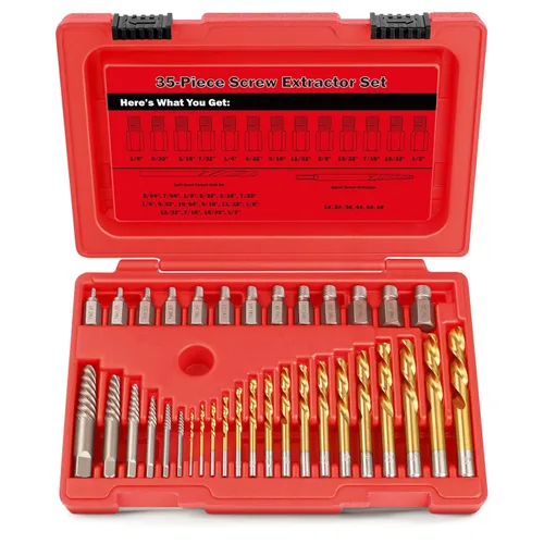 Juego de 35 piezas de extractor de tornillos, broca de mano izquierda inversa de Cr-Mo 37# y 6542#, kit de extracción de tornillo Allen de múltiples
