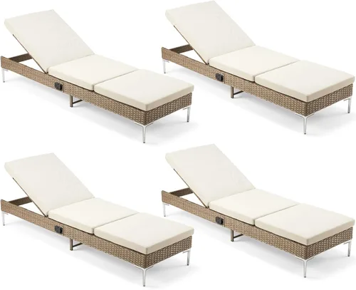 Miniatura 13 de HOMREST Tumbona para exteriores, silla de mimbre para patio con respaldo neumático ajustable, silla de ratán para piscina para tomar el sol adecuada