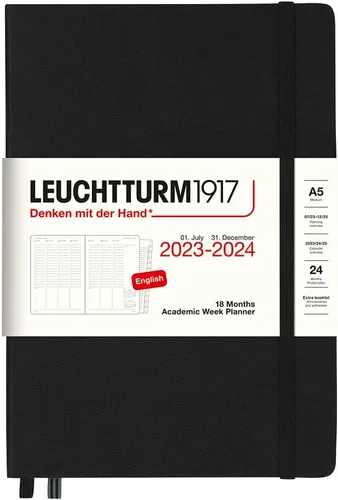 LEUCHTTURM1917 - Planificador de semana académica de 18 meses, tapa dura, tamaño mediano A5, julio de 2023 - diciembre de 2024, inglés, tapa dura,