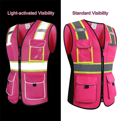 Miniatura 3 de Chaleco de seguridad para mujeres, chaleco de trabajo reflectante de alta visibilidad con 9 bolsillos múltiples y cremallera Rosa