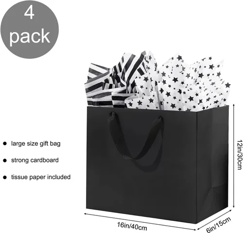 Miniatura 2 de Paquete de 4 bolsas de regalo negras extra grandes, bolsas de regalo grandes con papel de seda, 16 x 6 x 12 pulgadas, bolsas de regalo para pequeñas