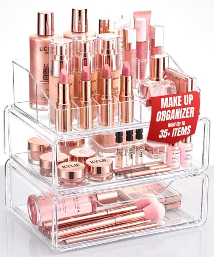 Masirs Organizador de maquillaje acrílico transparente con cajones, almacenamiento de tocador cosmético para cuidado de la piel, accesorios para el