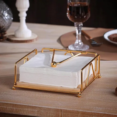 Miniatura 6 de Servilletero plano para servilletero, dispensador de servilletas de metal con brazo de tensión ponderada y base de madera, organizador de Oro
