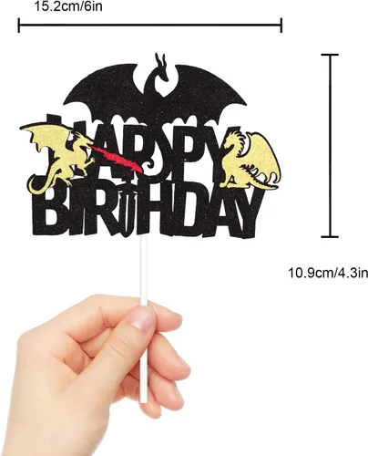 Miniatura 4 de Decoración para pastel de cumpleaños con purpurina negra de dragón de fuego, juegos de decoración de fiesta de dragón para niños y hombres
