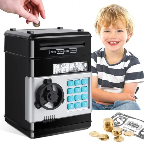 GuDoQi alcancía para niños electrónicos, alcancía de monedas y dinero, juguete para niños de 3 a 10 años, mini cajero automático, caja de ahorro de