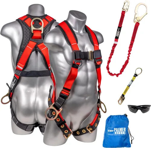 Palmer Safety Kit de arnés de seguridad para protección contra caídas I Arnés de construcción + varios cordones + extensor de anillo en D