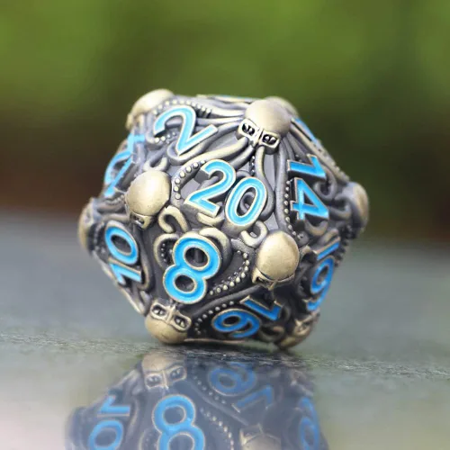 Miniatura 2 de Big Octopus D20 - Dados de metal con acabado de bronce antiguo sólido con números azules, para Cthulhu Mythos, juegos de rol de mesa -DNDWoW BZQB