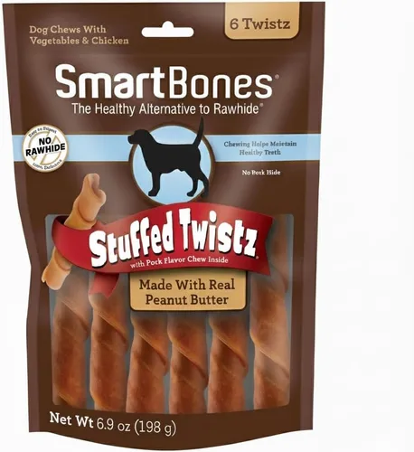 SmartBones Twistz rellenos con mantequilla de maní, masticables sin piel cruda para perros, rellenos con sabor a cerdo, 6 Twistz