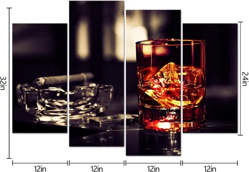 Miniatura 5 de VVOVV Wall Decor - Whisky marrón en tazas con lienzo de hielo, impresión artística de pared, pintura de vino, cuadros enmarcados, cenicero