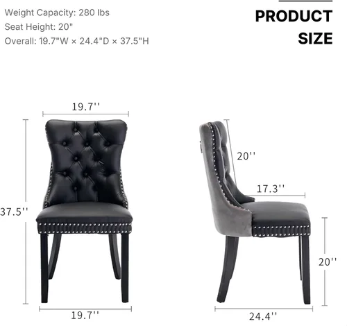 Miniatura 2 de OVENTA Juego de 4 sillas de comedor modernas tapizadas copetudas, terciopelo negro y gris y cuero con patas de madera maciza, sillas de cocina