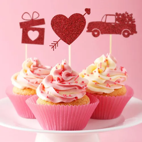 Miniatura 4 de Pajean 60 piezas de decoración para cupcakes para el día de San Valentín con purpurina roja y corazón de amor, beso me Lip Be Mine, caja de regalo