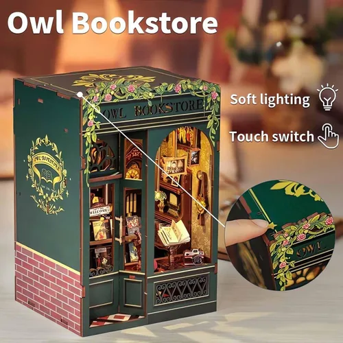 Miniatura 7 de Hands Craft Kit de bricolaje en miniatura para rincón de libros, librería de búhos, encantadora biblioteca nocturna, diseño caprichoso, encanto