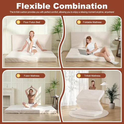 Miniatura 3 de Colchón plegable de tres pliegues de 6 pulgadas, sofá cama plegable con funda extraíble lavable, colchón de futón portátil de tamaño completo