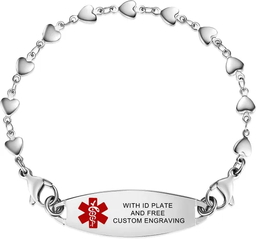 Miniatura 6 de LinnaLove Pulsera de alerta médica intercambiable de acero inoxidable con eslabones de corazón