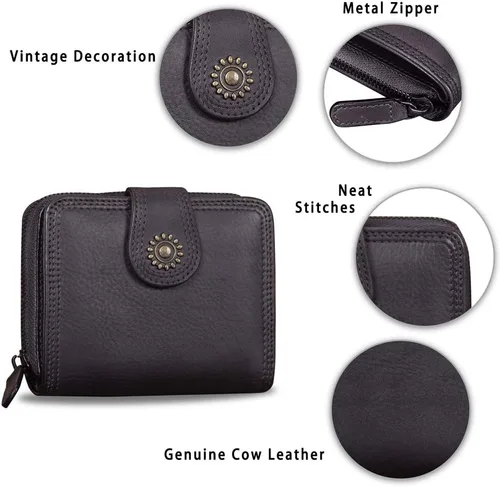 Miniatura 6 de Billeteras de cuero plegables para mujer, estilo vintage, hechas a mano, pequeño, con cremallera, Negro -, Billetera plegable